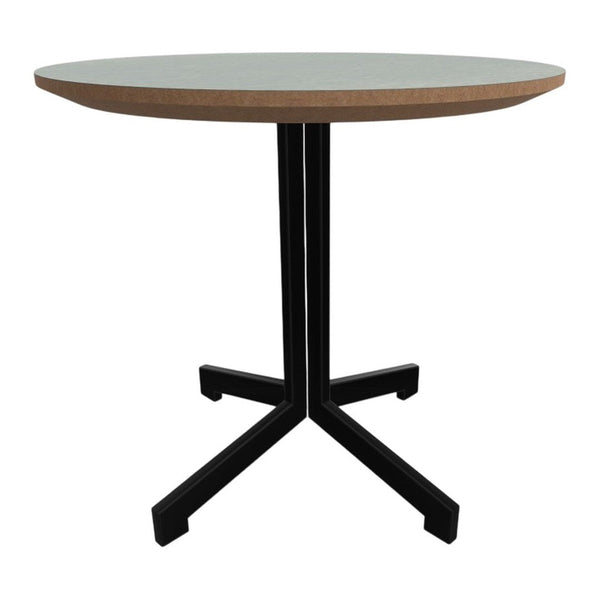 Round table with a light grey top, natural wood edge, and a sleek black metal base design.