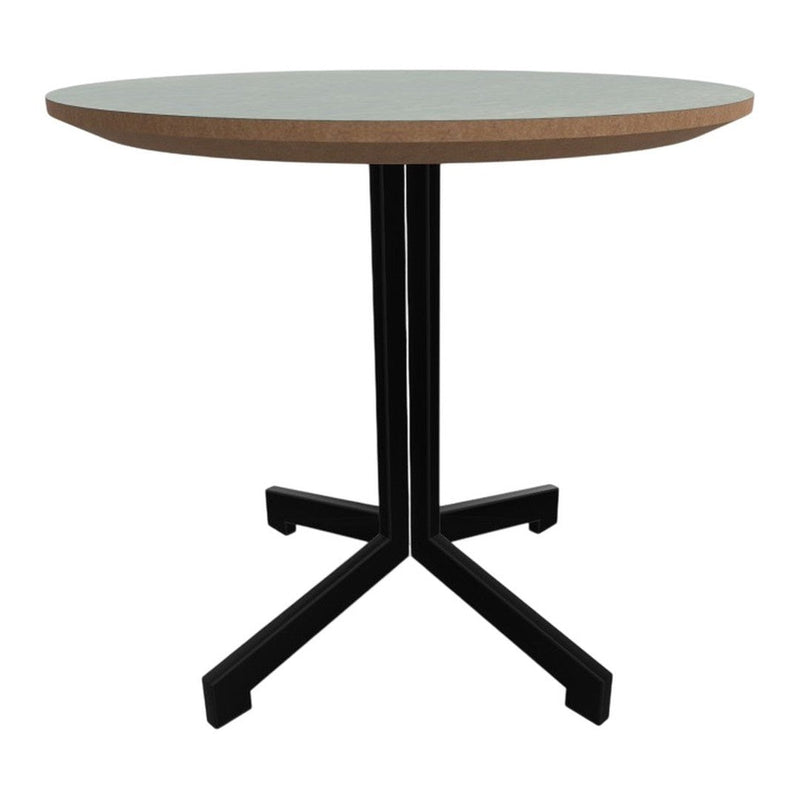 Round table with a light grey top, natural wood edge, and a sleek black metal base design.