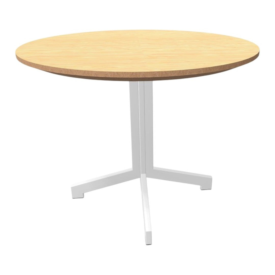 Round wooden table with a light oak top and sleek white metal legs, featuring a minimalist design.