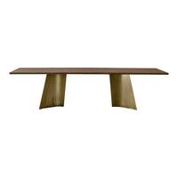 Dark brown table with sleek, modern design and gold-toned, angular legs, perfect for contemporary decor.