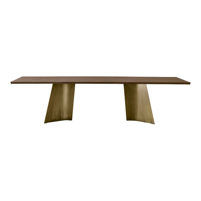 Dark brown table with sleek, modern design and gold-toned, angular legs, perfect for contemporary decor.