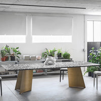 Stylish black and white speckled tabletop with gold geometric legs, surrounded by greenery in a modern interior.