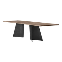 Modern wooden table with a rich brown finish and sleek black metal legs, featuring a minimalist geometric design.