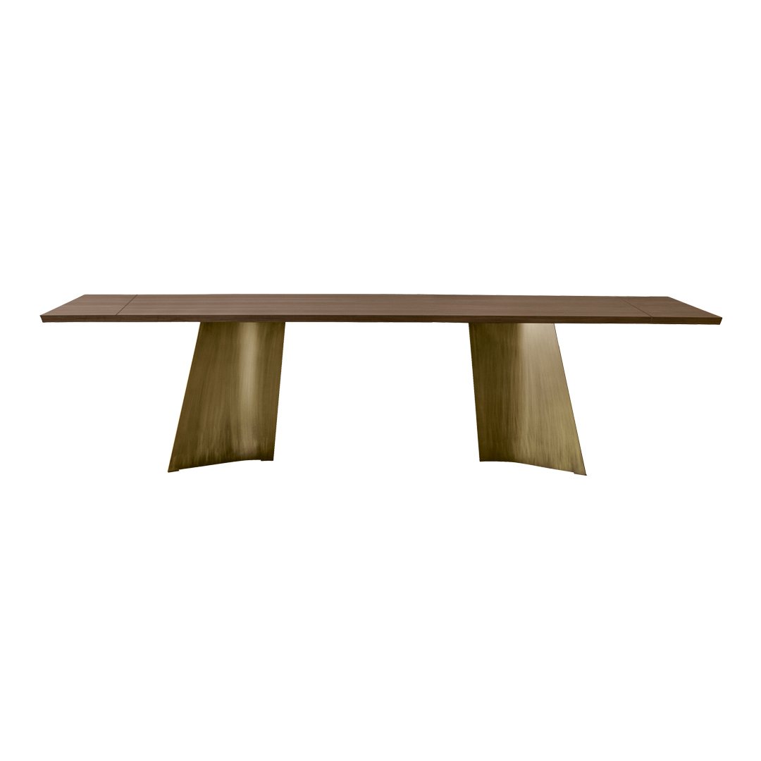 Sleek brown wooden table with gold-toned angled legs, showcasing a modern, minimalistic design.