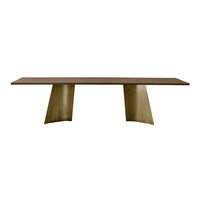 Sleek brown wooden table with gold-toned angled legs, showcasing a modern, minimalistic design.