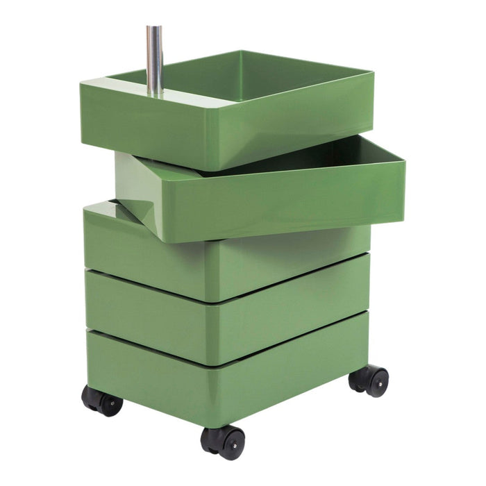 Stackable green storage bins with a glossy finish and modern design, featuring varying shades of green.