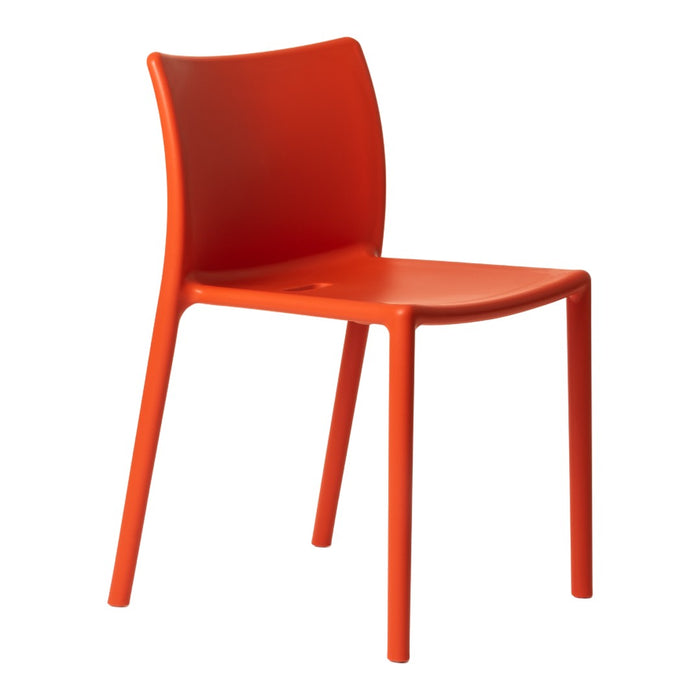 Bright orange plastic chair with a sleek, modern design and smooth finish, perfect for any vibrant space.