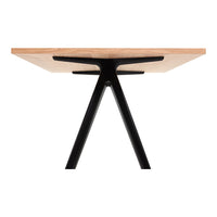 "Natural wood tabletop with a light oak finish and sleek black metal legs in a modern geometric design."
