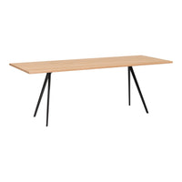 Light oak tabletop with a smooth finish, complemented by sleek black metal legs in a modern design.