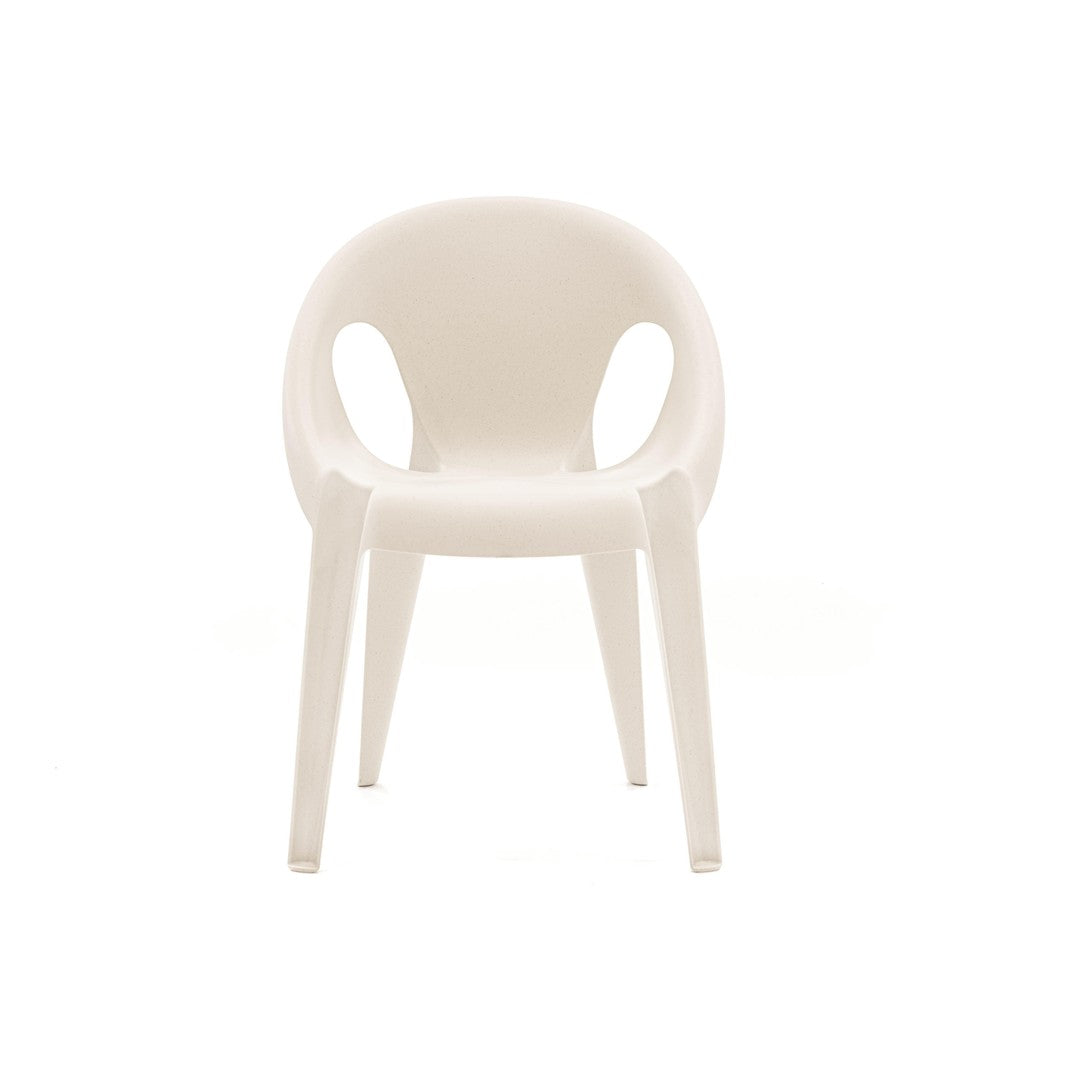 White plastic chair with a smooth finish and subtle texture, featuring a minimalist design and rounded edges.