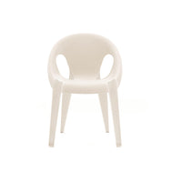 White plastic chair with a smooth finish and subtle texture, featuring a minimalist design and rounded edges.