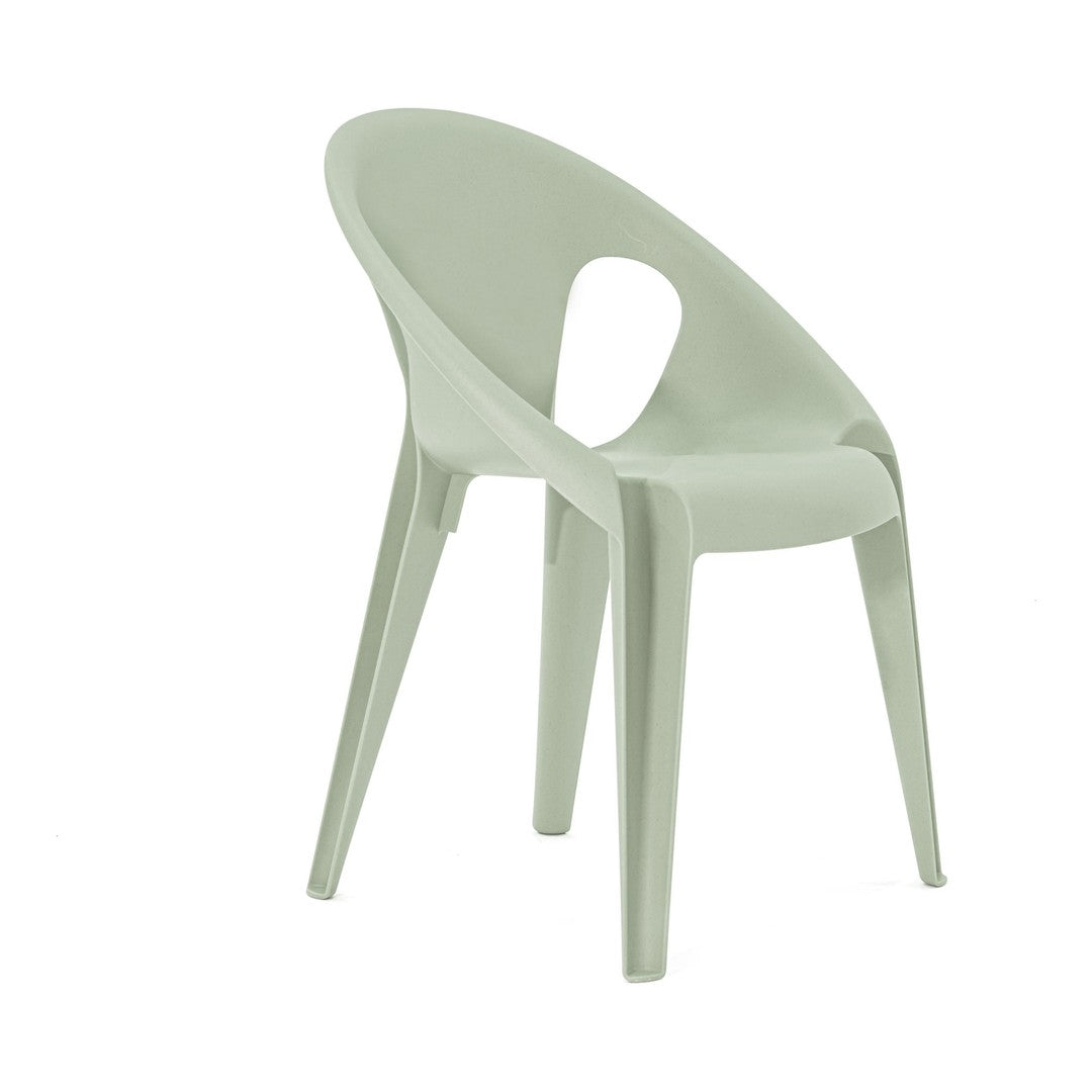 Light green plastic chair with a smooth, curved design and minimalistic style, ideal for modern spaces.