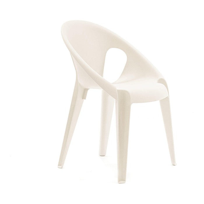 Minimalist white chair with a smooth finish and curved design against a clean background. Ideal for contemporary decor.