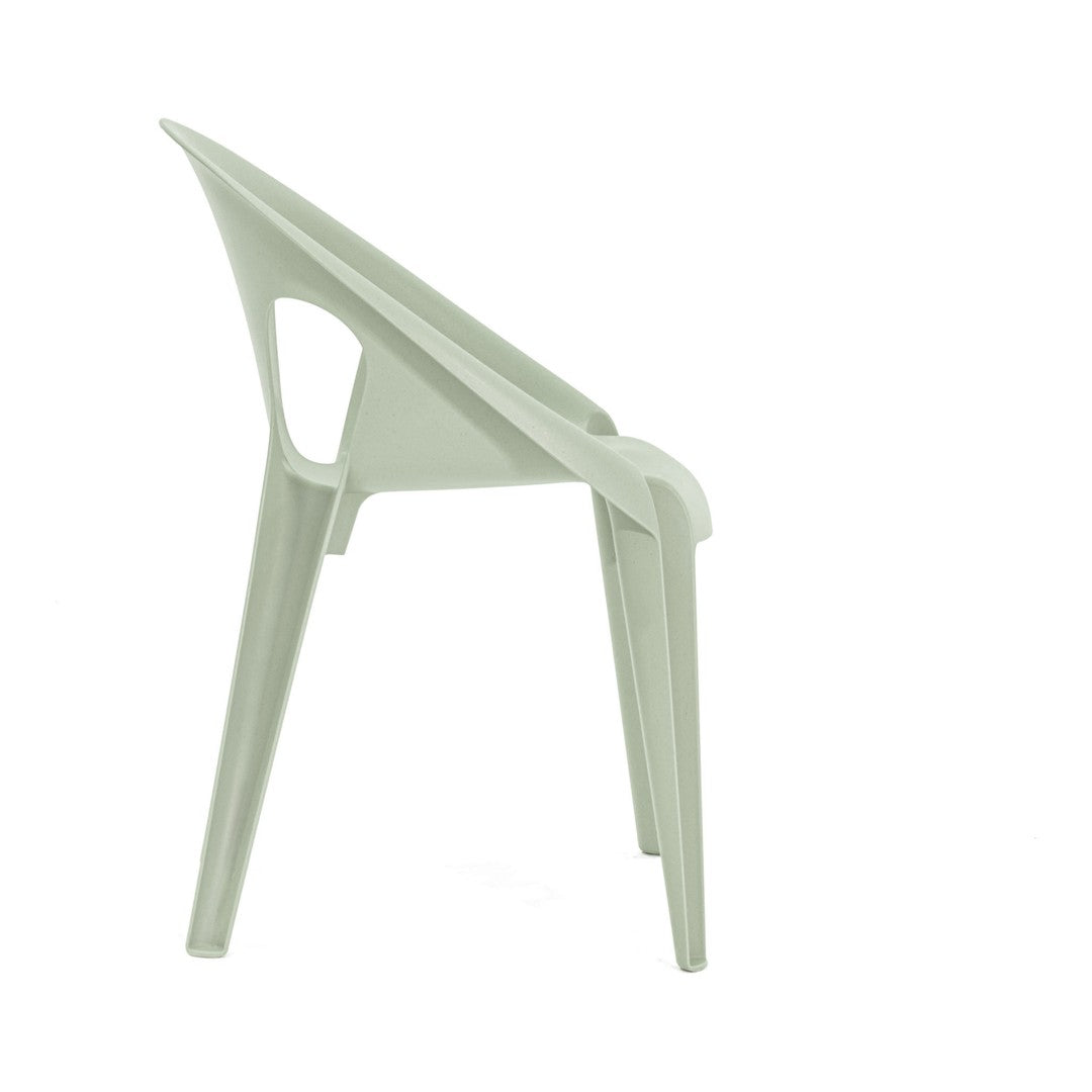 Light green modern chair with sleek lines and minimalistic design, ideal for contemporary outdoor spaces.
