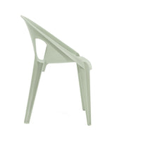 Light green modern chair with sleek lines and minimalistic design, ideal for contemporary outdoor spaces.