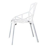 White geometric chair with intricate cutouts and sleek silver legs. Ideal modern design for any space.