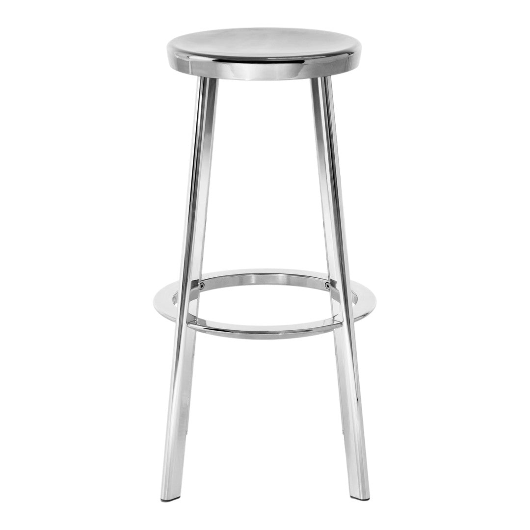Sleek chrome bar stool with a smooth metallic finish and minimalistic design, perfect for modern interiors.