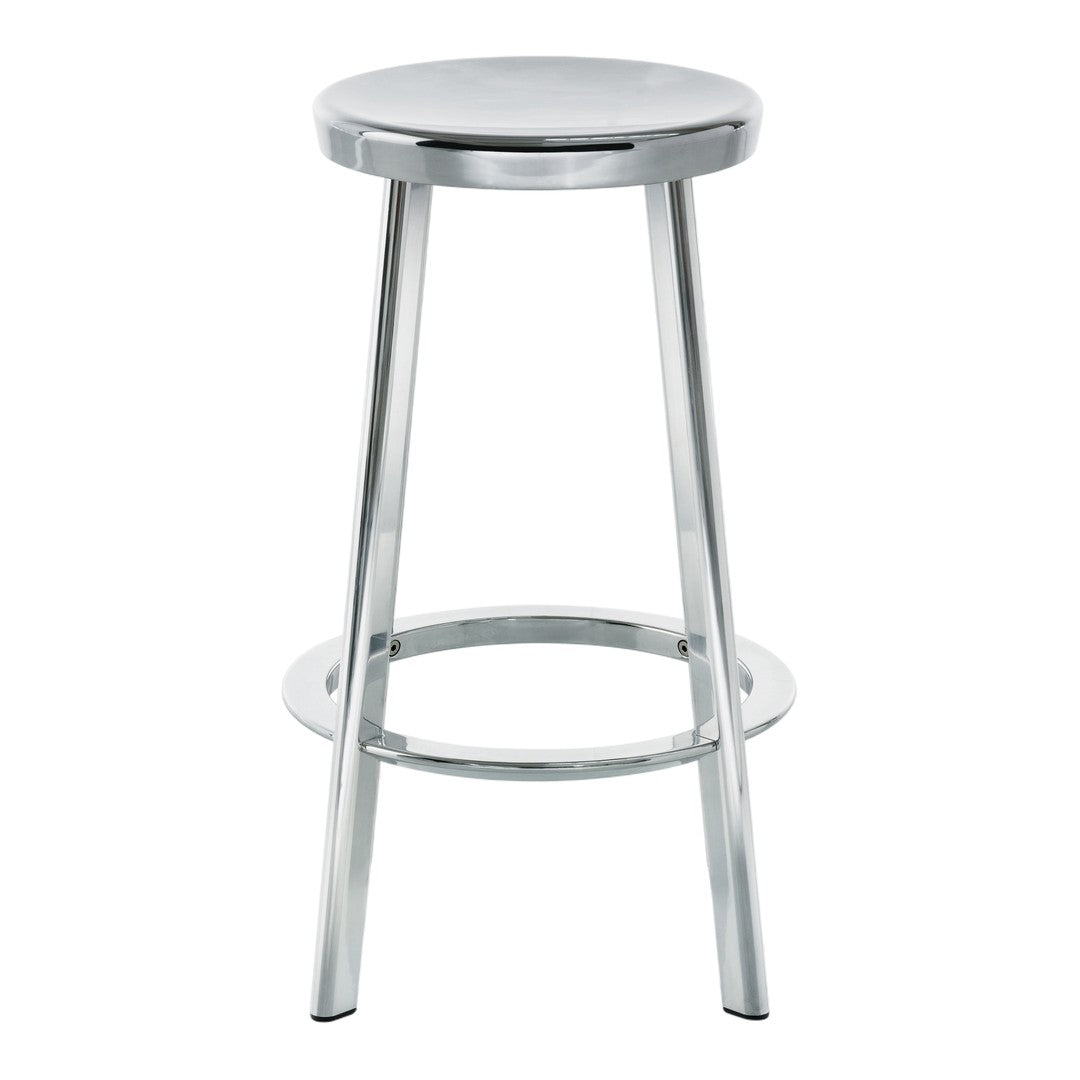 Sleek silver bar stool with a shiny chrome finish and minimalist design, perfect for modern spaces.