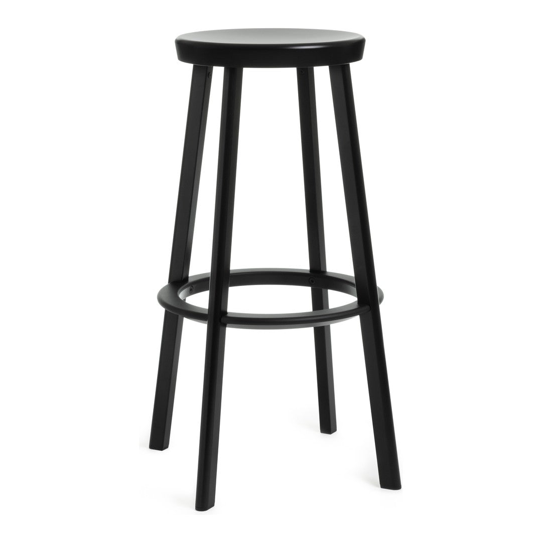 Black wooden bar stool with a smooth, round seat and slender legs, featuring a simple, modern design.