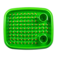 Bright green tray with a textured pattern and orange pegs, ideal for organizing and sorting items.