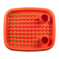 Bright orange tray with green dot patterns and two circular openings for drainage. Perfect for vibrant kitchen use.