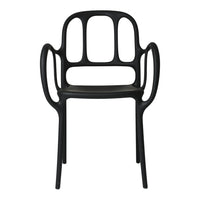 Black chair with a modern design, featuring smooth curves and an open backrest pattern. Ideal for contemporary decor.