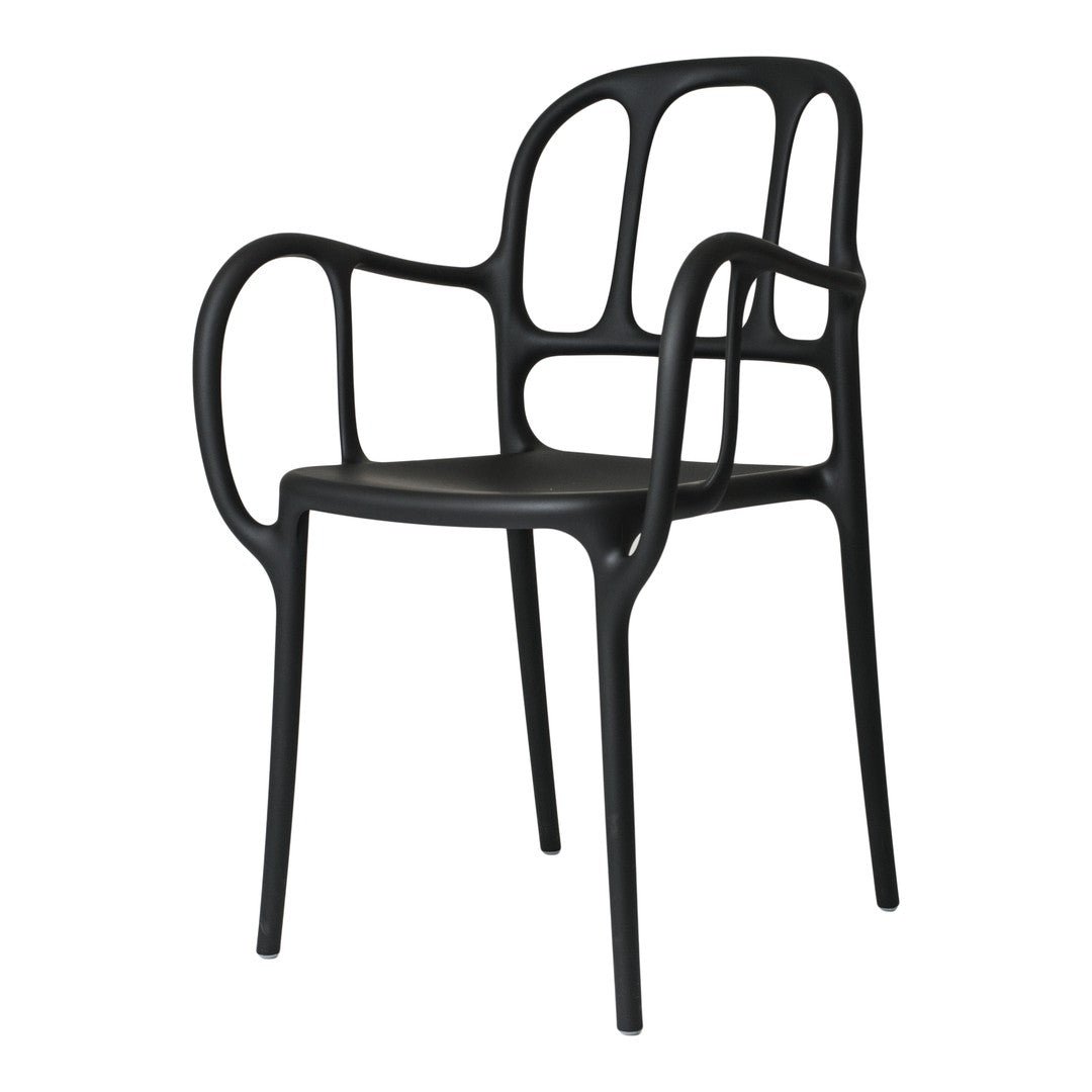 Black modern chair with a sleek, minimal design and unique cut-out patterns. Ideal for stylish interiors.