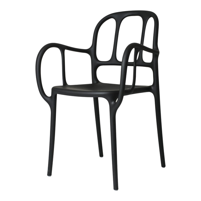 Black modern chair with a sleek, minimal design and unique cut-out patterns. Ideal for stylish interiors.