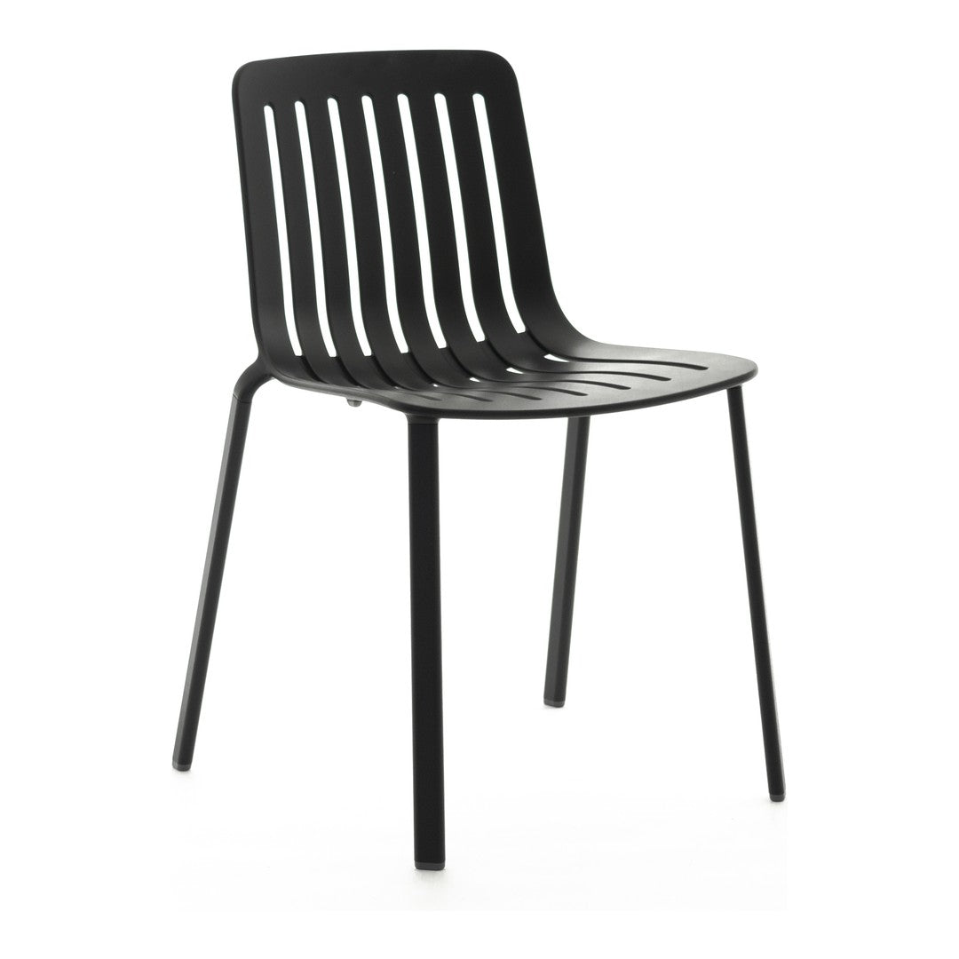 Black slatted chair with minimalist design and sleek, matte finish, perfect for modern interiors.