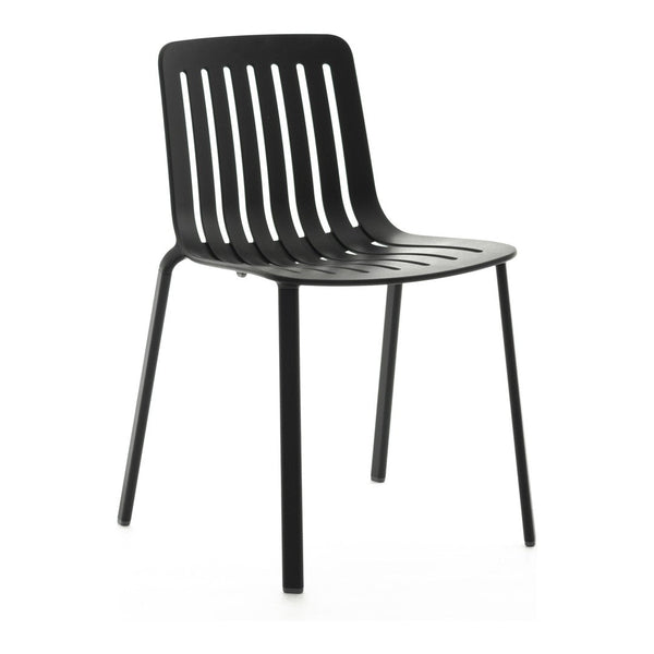 Black slatted chair with minimalist design and sleek, matte finish, perfect for modern interiors.