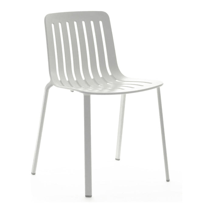 Sleek white chair with linear slatted design, ideal for modern decor and minimalist aesthetics.
