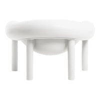 White minimalist stool with a smooth, rounded top and sleek, cylindrical legs in a clean, modern design.