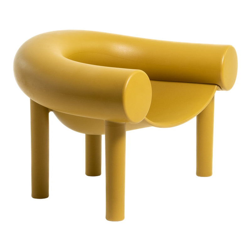 Bright mustard yellow chair with smooth, rounded shapes and minimalist design, perfect for modern decor.
