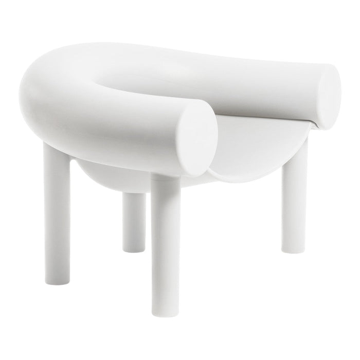 Minimalist white chair with smooth, rounded edges and a sleek, modern design. Perfect for contemporary decor.