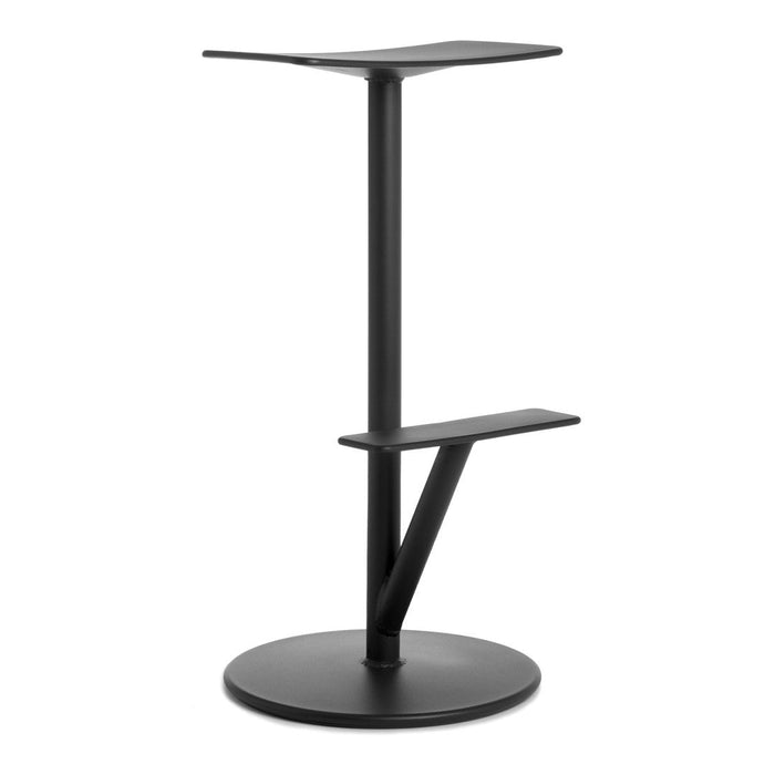 Sleek black standing desk with a minimalist design, featuring smooth surfaces and modern geometric patterns.