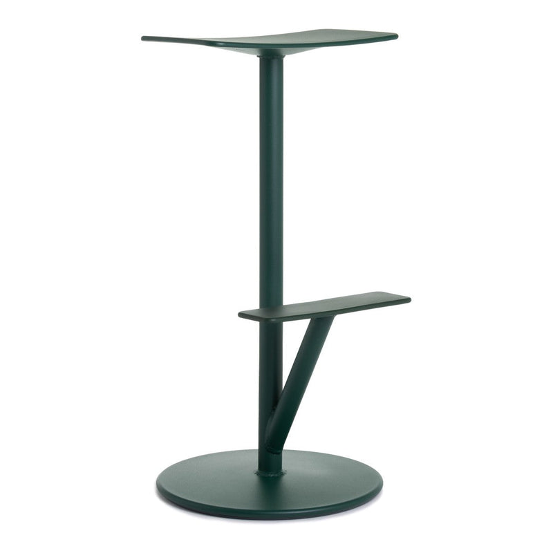 Green metal standing table with minimalist design and smooth surfaces, featuring geometric shapes and elegant lines.