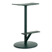 Dark green minimalist standing desk with sleek lines and a circular base, perfect for modern interiors.