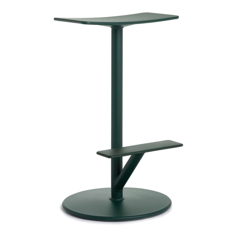 Dark green minimalist standing desk with sleek lines and a circular base, perfect for modern interiors.
