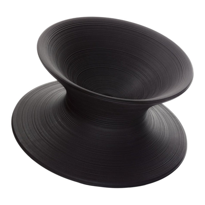 Black ceramic vase featuring smooth, concentric grooves and an elegant hourglass shape for modern decor.