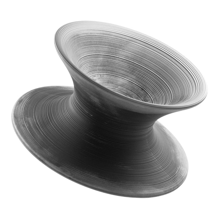 Black and gray spiral vase with smooth lines and a modern, abstract design, featuring a unique twist shape.