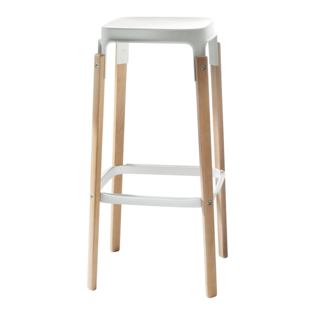 White bar stool with natural wood legs and a sleek design, featuring a minimalistic and modern aesthetic.