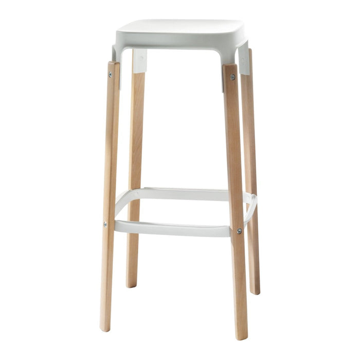 White bar stool with natural wood legs and a sleek design, featuring a minimalistic and modern aesthetic.