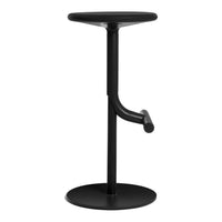 Black minimalist standing stool with sleek lines and smooth finish, featuring a circular base and ergonomic design.