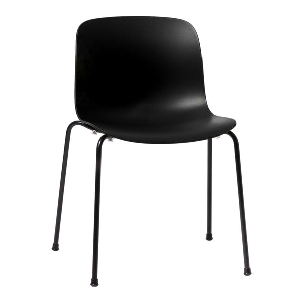 Black smooth plastic chair with sleek black metal legs, featuring a minimalist and modern design.