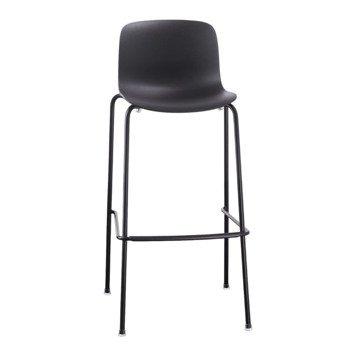 "Modern black bar stool with a sleek matte finish and sturdy metal legs, perfect for contemporary spaces."