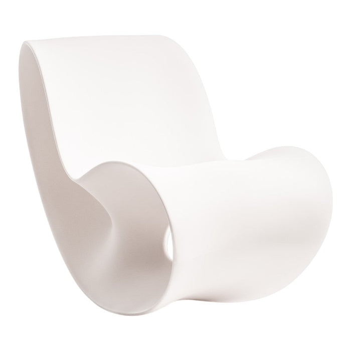 Sleek white modern chair with smooth curves and a minimalist design, perfect for contemporary decor.