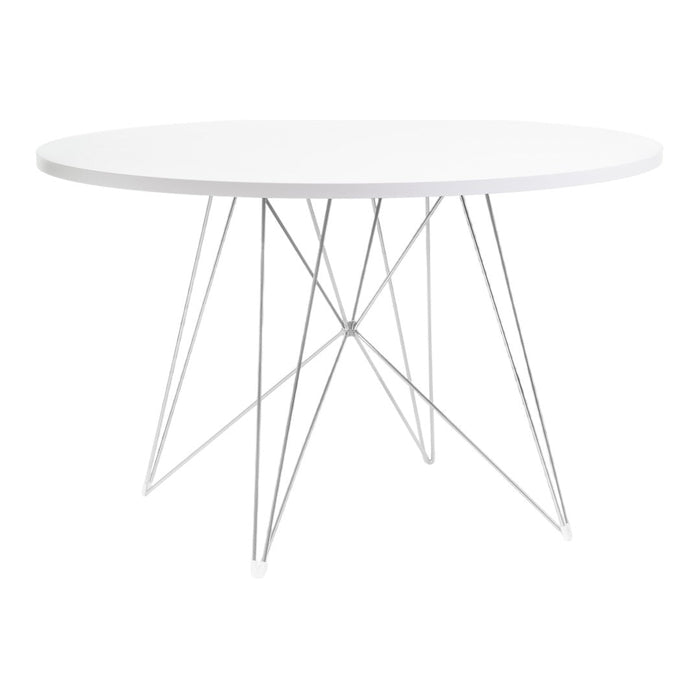 Round white table with sleek white top and modern silver wire legs. Minimalist design perfect for contemporary spaces.