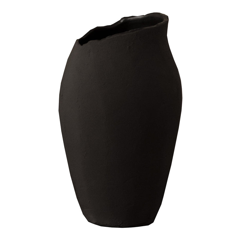 Sleek black ceramic vase with an organic shape and textured matte finish, perfect for modern decor.