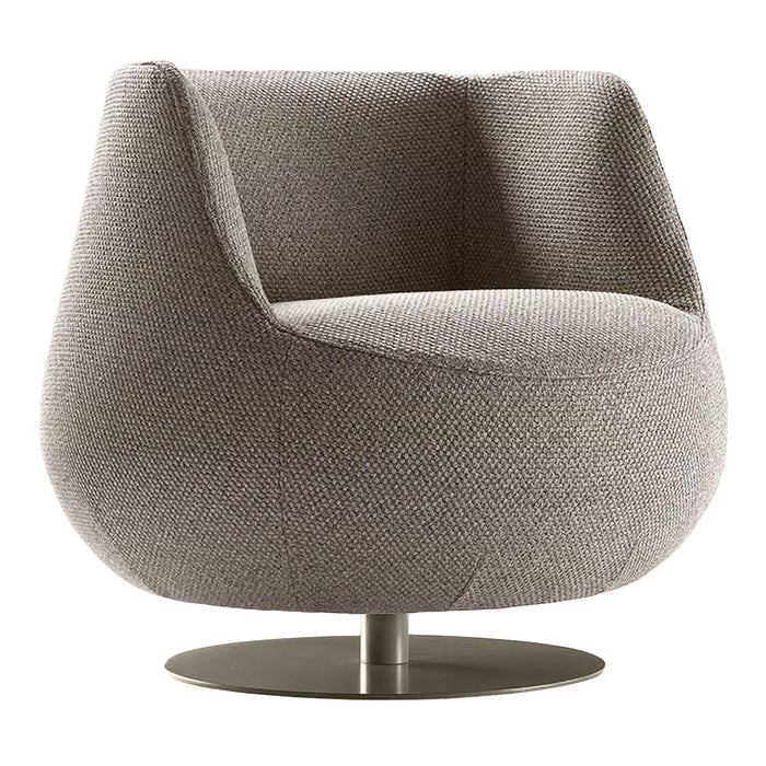Stylish round chair in soft grey fabric with a smooth, minimalist design and a sleek metal base. Perfect for modern interiors.