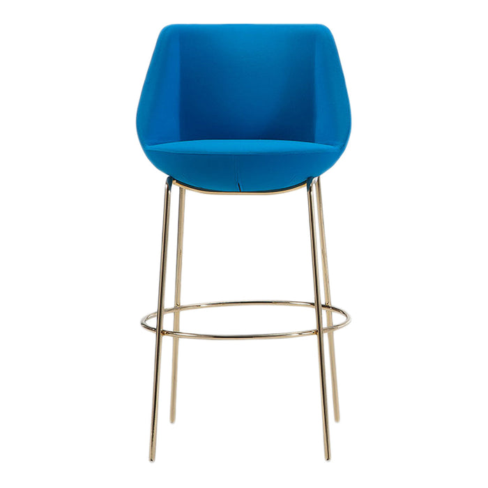 Bright blue upholstered barstool with sleek gold metal legs, perfect for a modern decor.